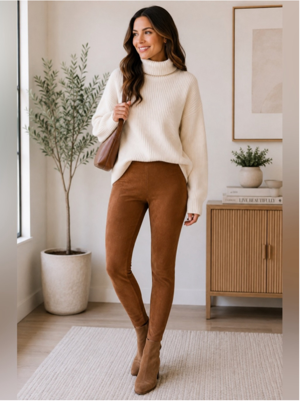 Chaps Petite Brown Cognac Faux Suede Leggings Size MP Classic Preppy Equestrian